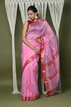 Very Much Indian Handloom Cotton Silk Saree With Sleek Golden Border - rose pink | Grab2Buy