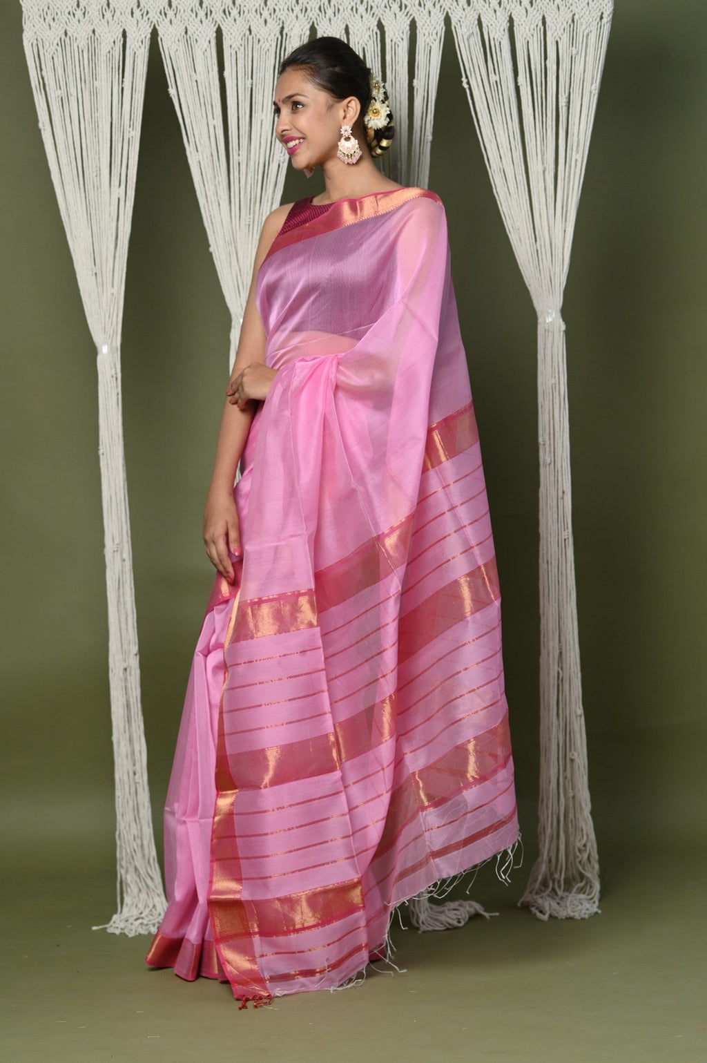 Very Much Indian Handloom Cotton Silk Saree With Sleek Golden Border - rose pink | Grab2Buy
