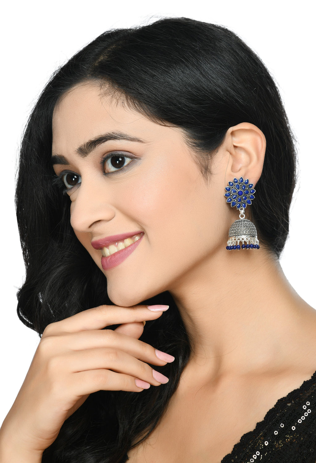 Mominos Fashion Joharkamal Kundan work Jhumka with Blue Beads | Grab2Buy