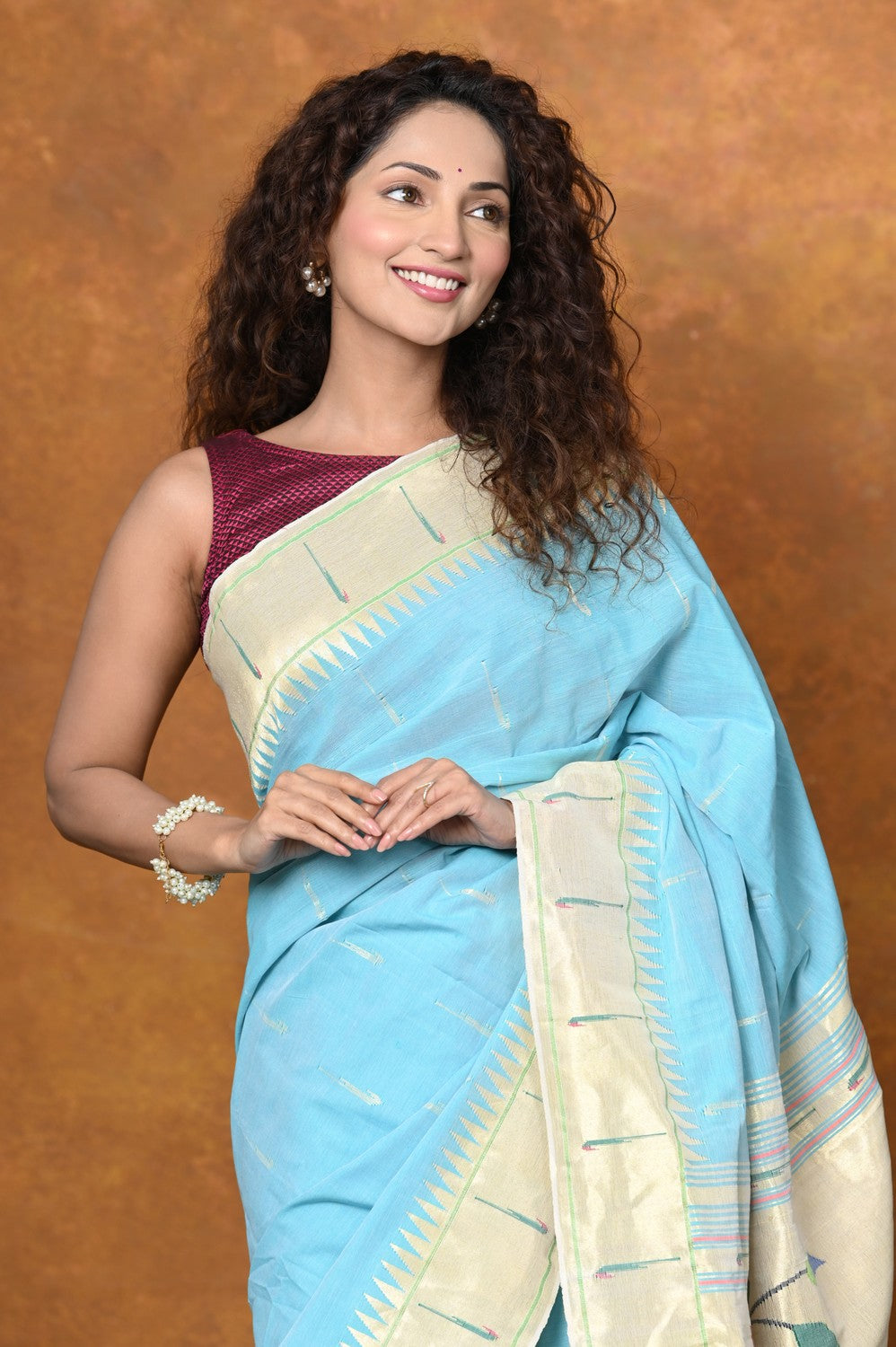 Very Much Indian Authentic Handloom Pure Cotton Paithani with Handcrafted Parrot Pallu - Sky Blue | Grab2Buy