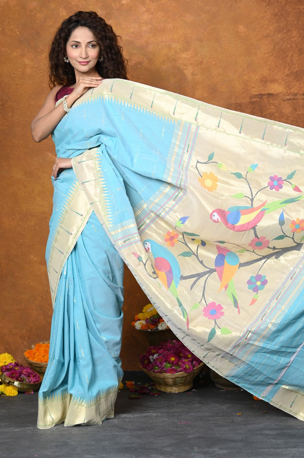 Very Much Indian Authentic Handloom Pure Cotton Paithani with Handcrafted Parrot Pallu - Sky Blue | Grab2Buy