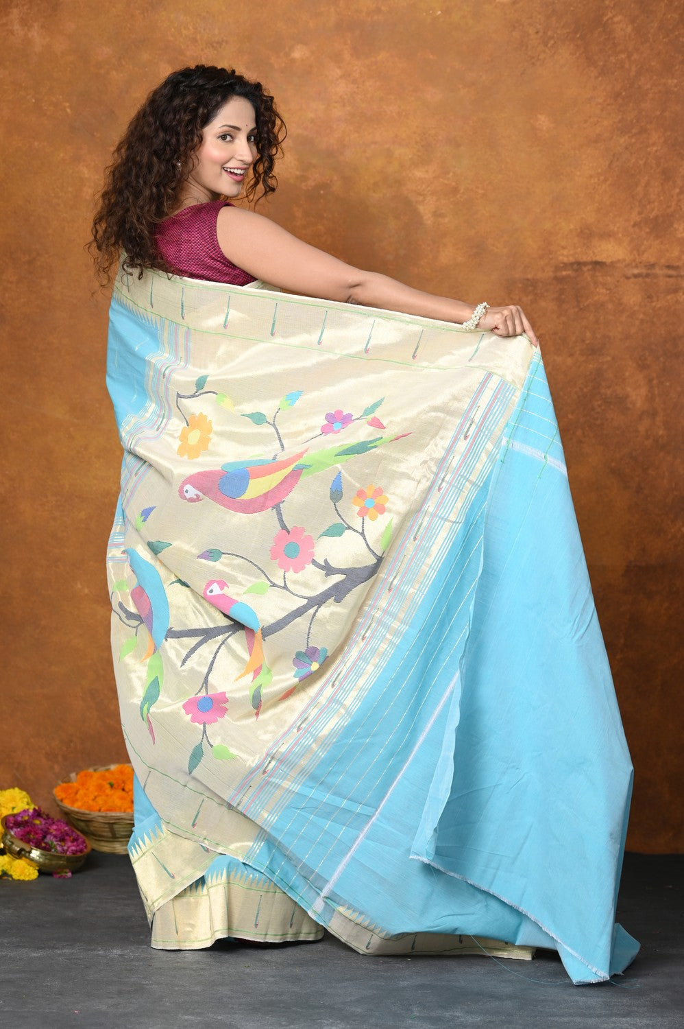 Very Much Indian Authentic Handloom Pure Cotton Paithani with Handcrafted Parrot Pallu - Sky Blue | Grab2Buy