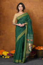 Very Much Indian EXCLUSIVE! Handloom Pure Cotton Paithani With Asawali Pallu - Dark Green | Grab2Buy