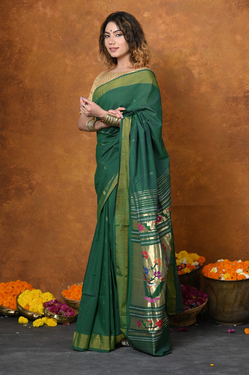 Very Much Indian EXCLUSIVE! Handloom Pure Cotton Paithani With Asawali Pallu - Dark Green | Grab2Buy