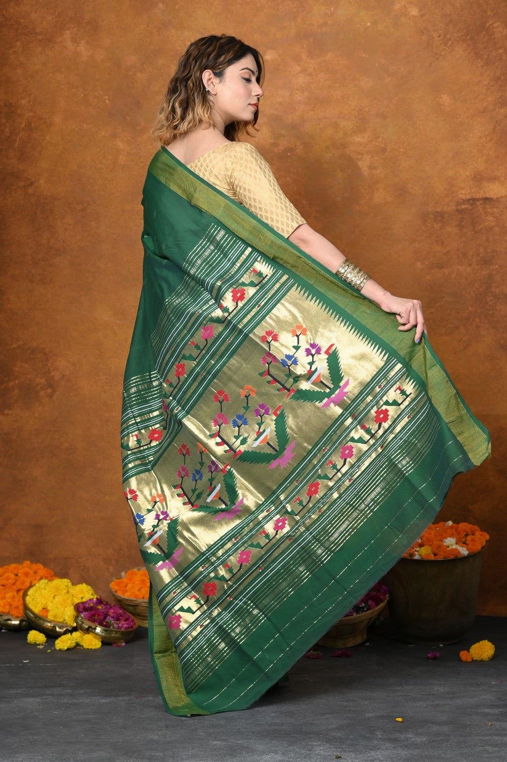 Very Much Indian EXCLUSIVE! Handloom Pure Cotton Paithani With Asawali Pallu - Dark Green | Grab2Buy