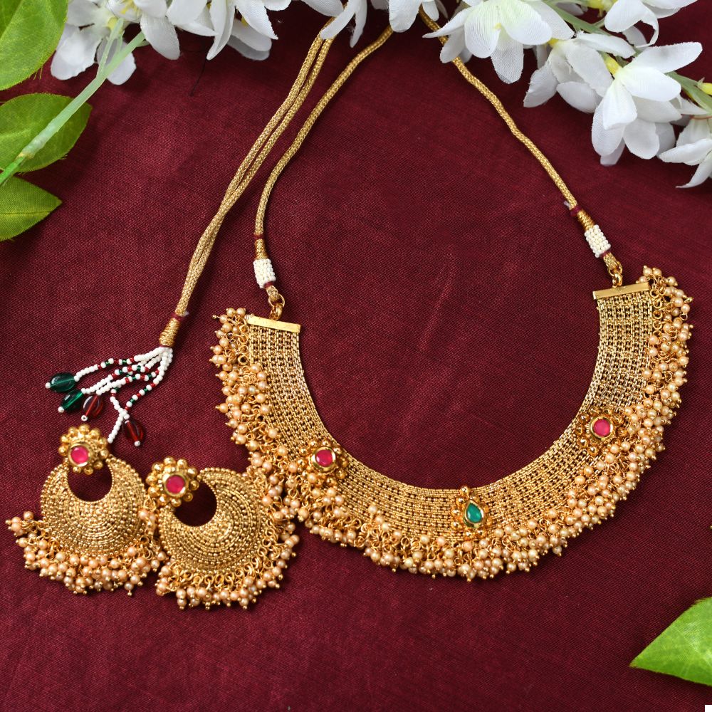 Mominos Fashion Johar Kamal Gold-Polished Brass Finish Stone/Beads Choker For Women (Golden) | Grab2Buy