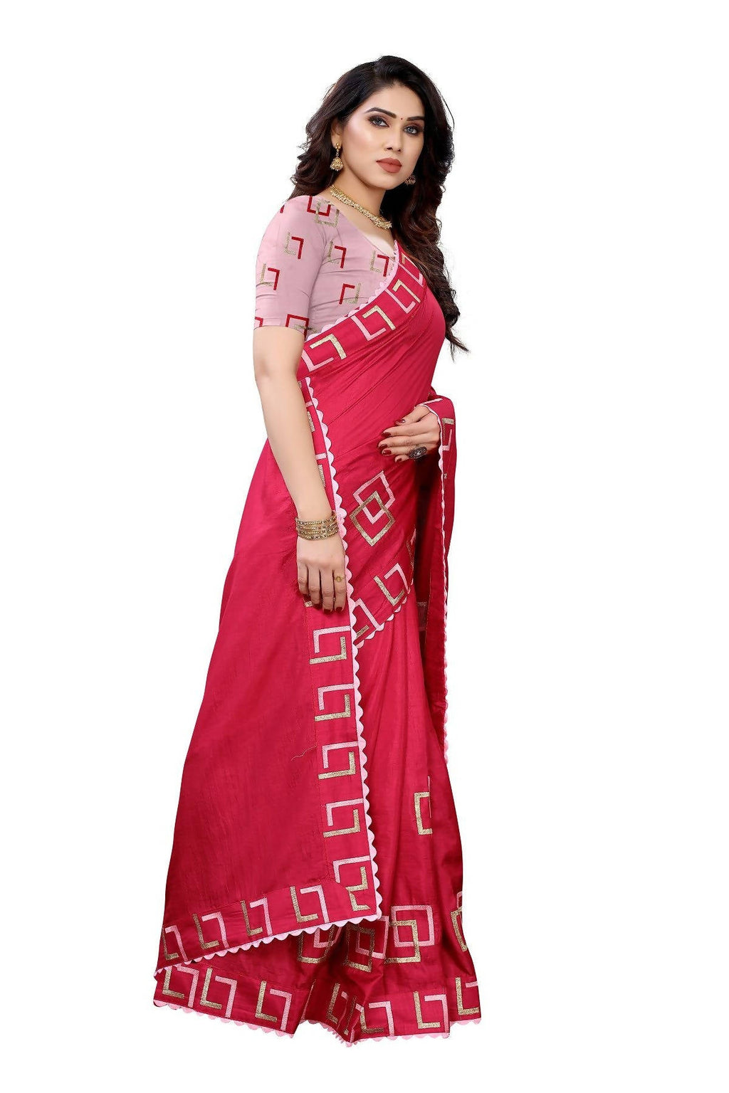 Vamika Red Dola Silk Embroidery Saree (MESHVI PINK) | Grab2Buy