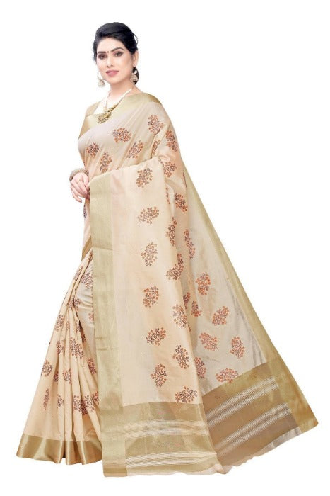 Vamika Cotton Polyester Silk Weaving Cream Saree (Kerala Flower) | Grab2Buy