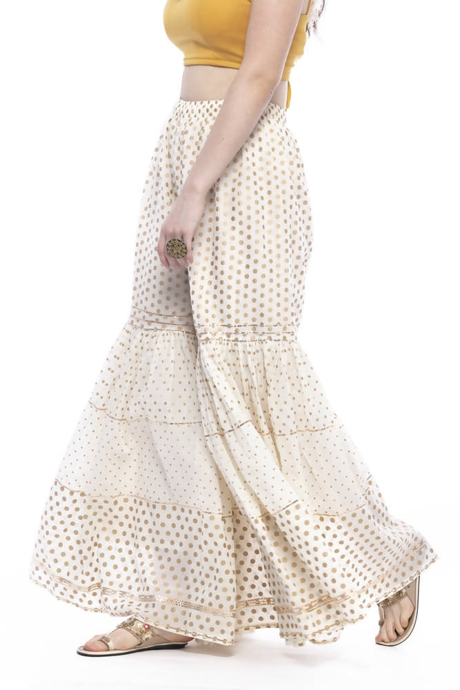 Mominos Fashion Trendy Cotton Off White Gold Print With Gota Sharara | Grab2Buy