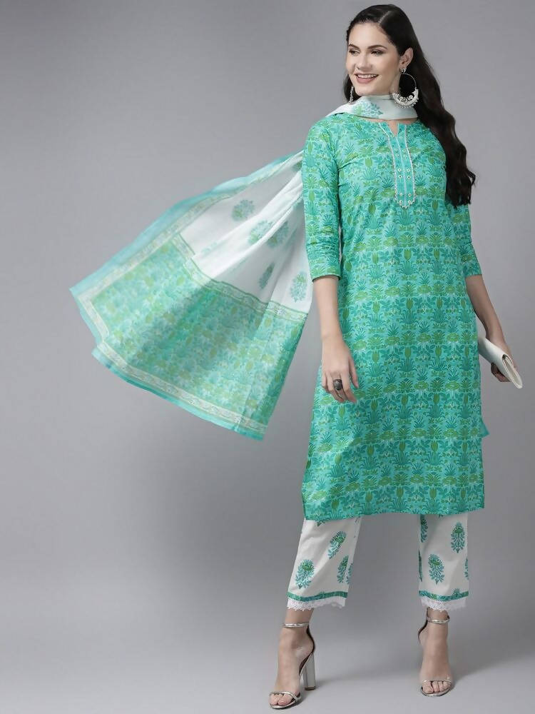Yufta Green & White Ethnic Motifs Printed Mirror Work Kurta with Palazzo & Dupatta | Grab2Buy