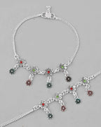 VOJ Set of 2 Silver Plated Meenakari Multi Color Anklet