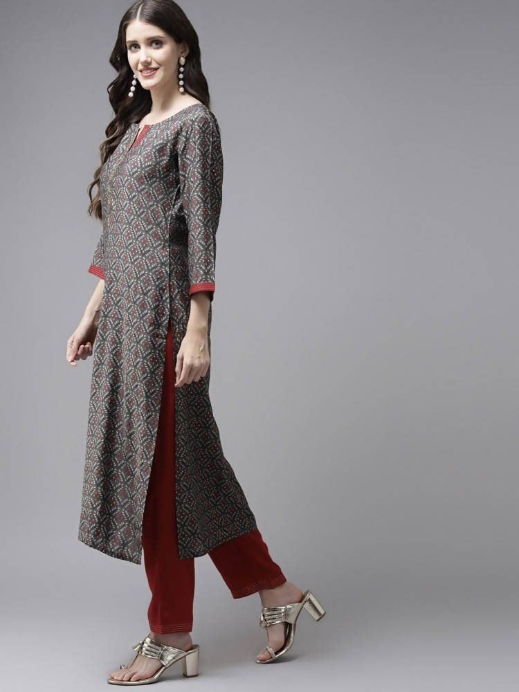 Yufta Women Grey Ethnic Motifs Printed Regular Sequinned Pure Cotton Kurta with Palazzo & With Dupatta | Grab2Buy