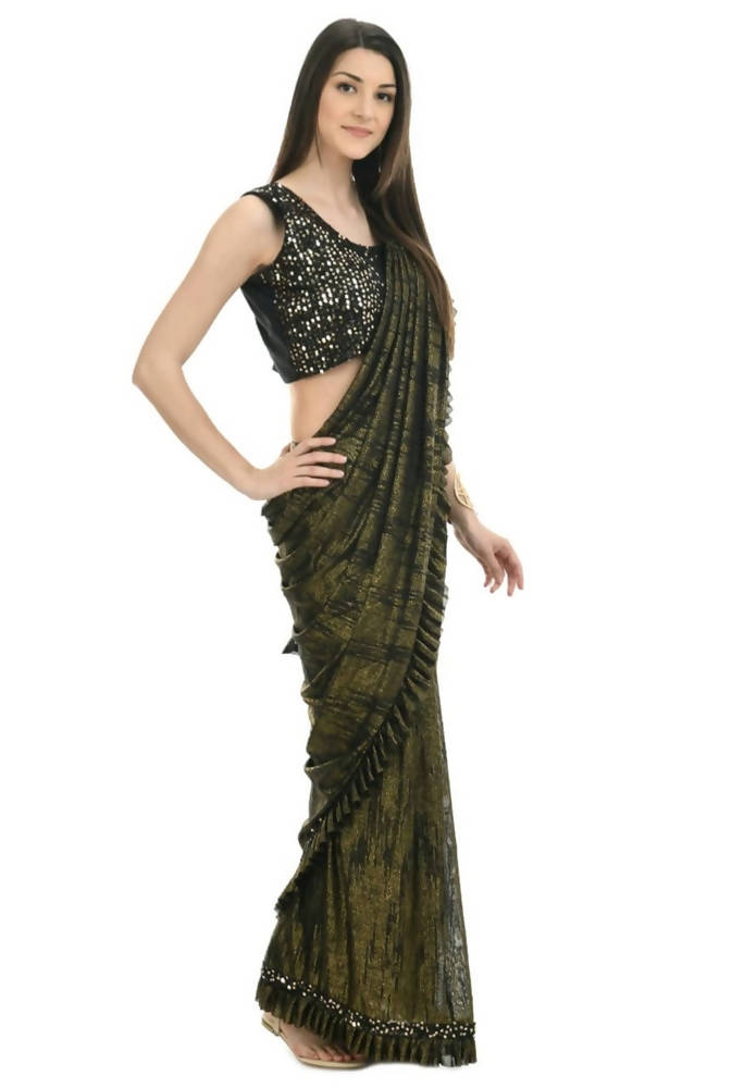 Mominos Fashion All Season Wear Olive Green And Black Ruffled Ready To Wear Saree | Grab2Buy