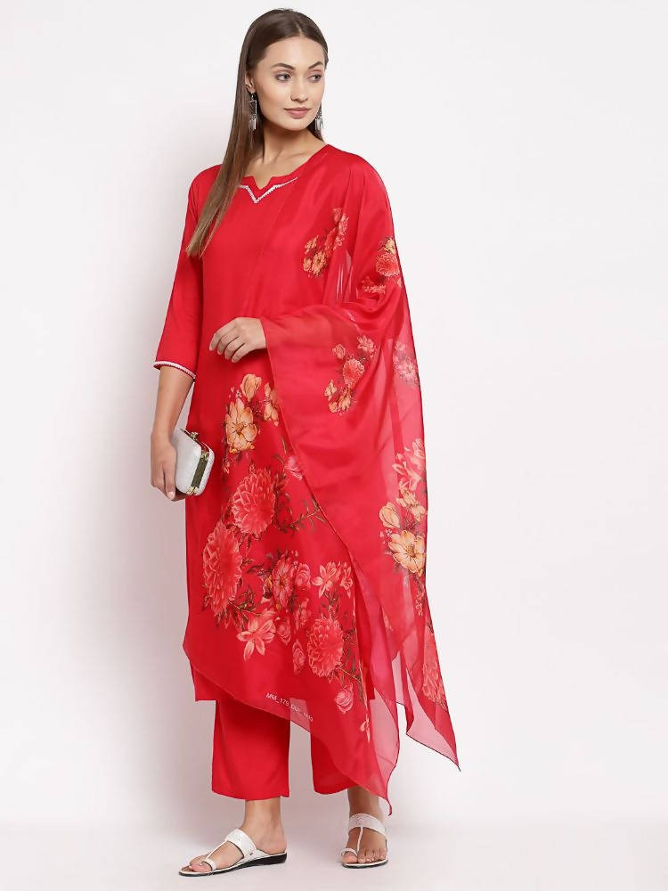 Myshka Women's Red Cotton Solid 3/4 Sleeve Square Neck Casual Kurta Pant Dupatta Set | Grab2Buy