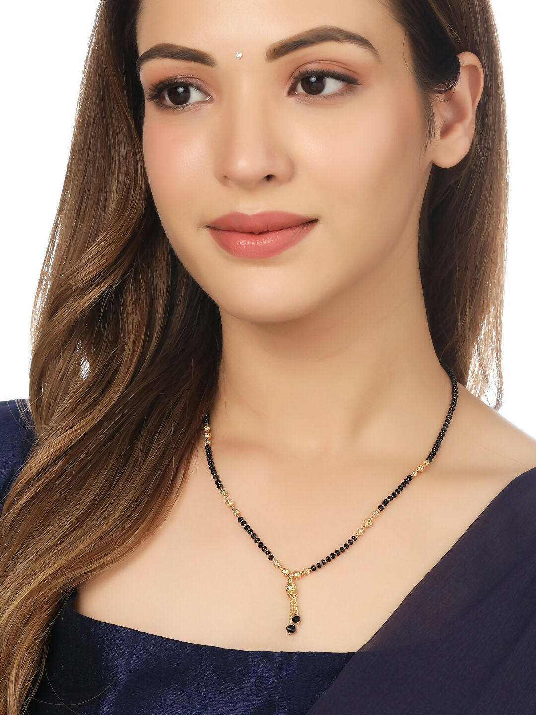 NVR Women's's Set of 2 Black Gold-Polished Beaded Mangalsutra With Ad Stone