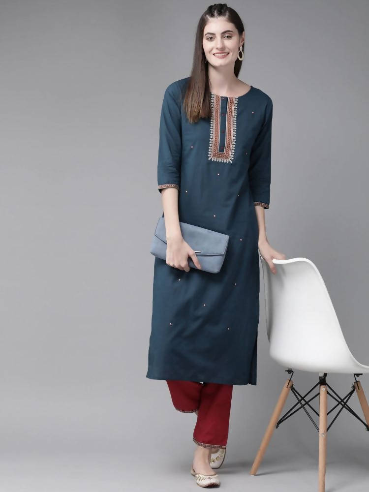 Yufta Navy Blue and Maroon Embroidered Kurta Palazzo Set | Grab2Buy