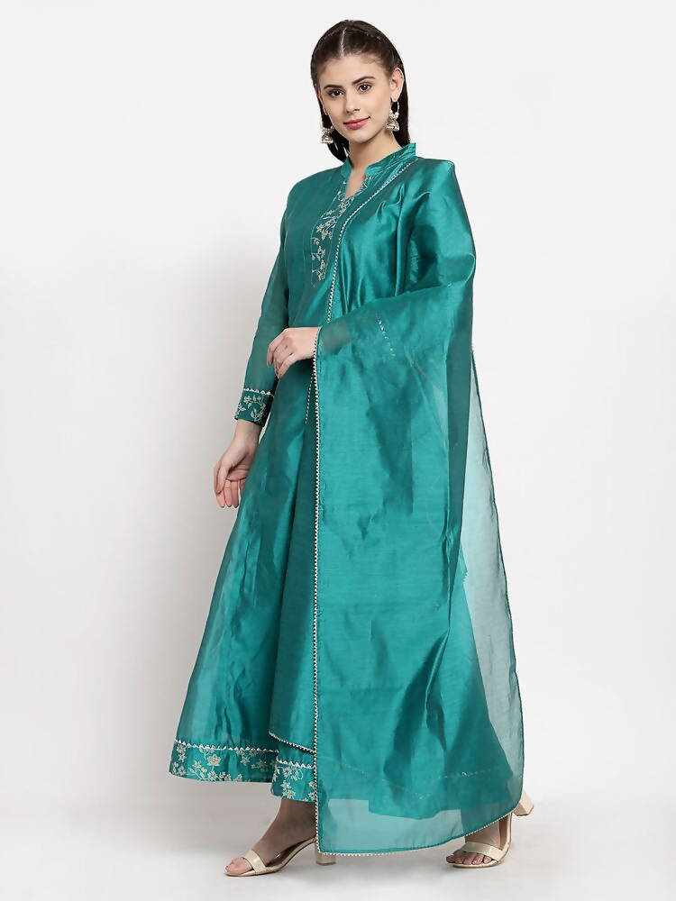 Myshka Women's Green Silk Solid Full Sleeve Mandarin Neck Casual Anarkali Gown | Grab2Buy