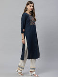 Yufta Women Navy Blue & Off-White Dobby Weaved Kurta with Trouser & Dupatta | Grab2Buy