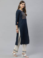Yufta Women Navy Blue & Off-White Dobby Weaved Kurta with Trouser & Dupatta | Grab2Buy