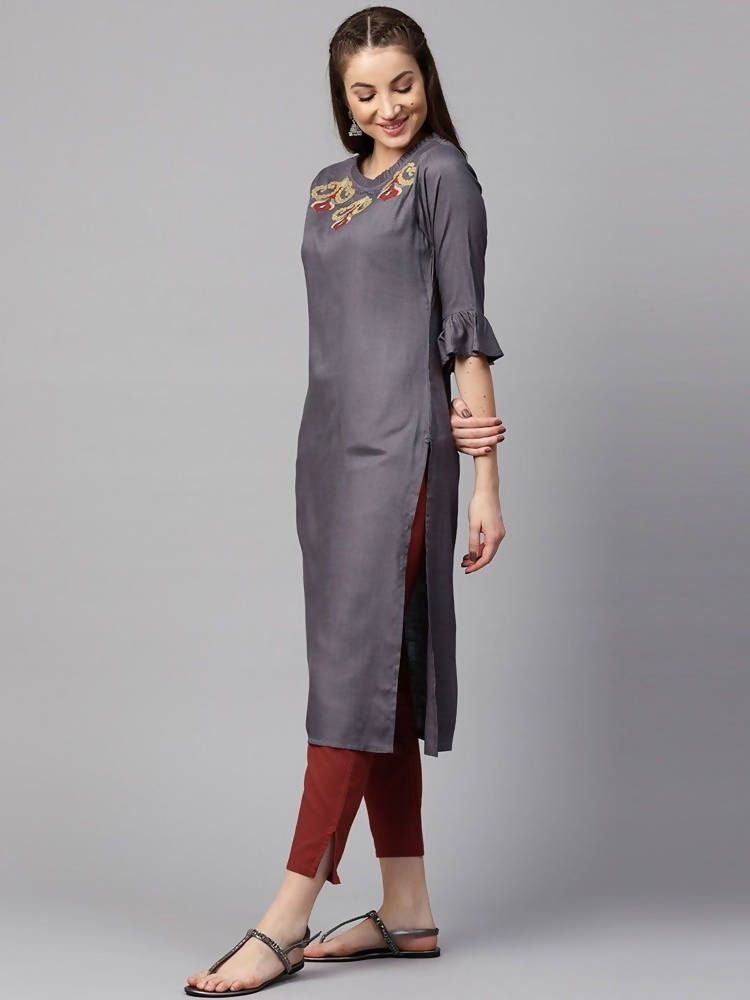 Yufta Women Grey & Maroon Solid Kurta with Trouser | Grab2Buy