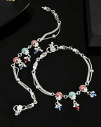 VOJ Set of 2 Silver Plated Peacock Shaped Multi Color Anklet
