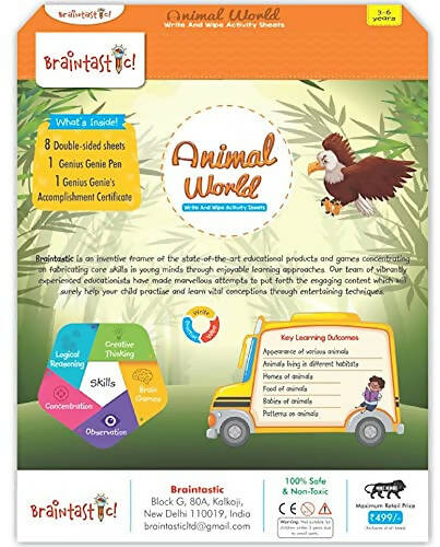 Braintastic Educational Game (3-6 yrs):Animal World / Kids Toys/Write & Wipe Activity Sheets/ Free 12 pc Puzzles | Grab2Buy