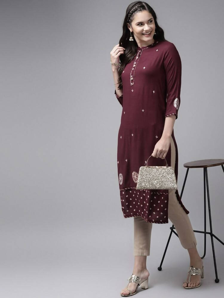 Yufta Women Maroon Ethnic Motifs Embroidered Kurta | Grab2Buy