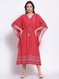 Myshka Women's Red Printed Cotton Blend 3/4 Sleeve V Neck Casual Dress | Grab2Buy