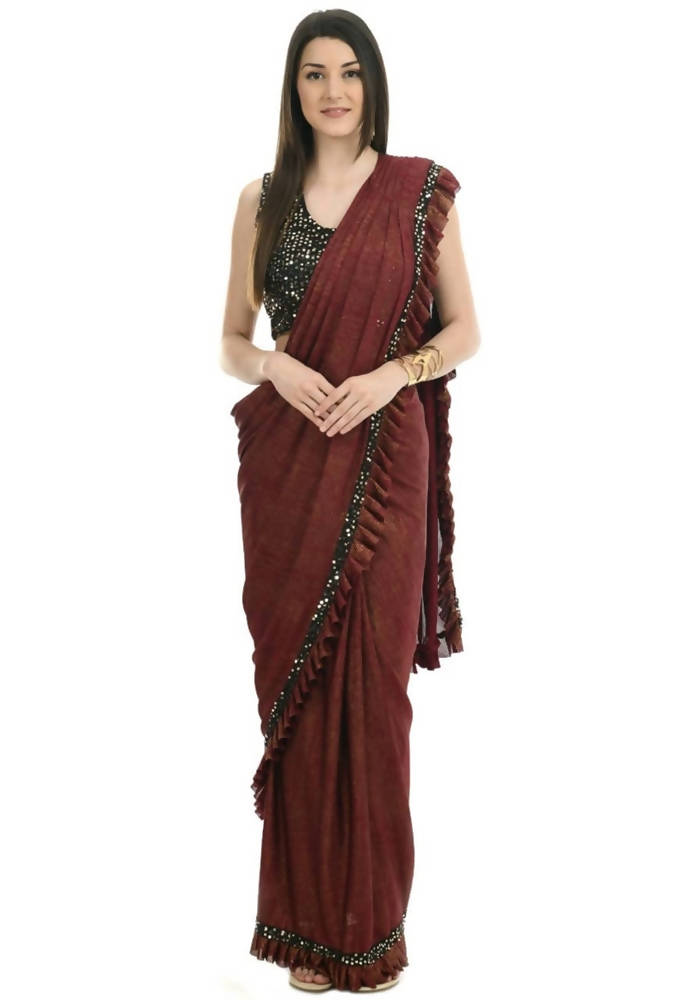 Mominos Fashion All Season Wear Rust And Black Ruffled Ready To Wear Saree | Grab2Buy