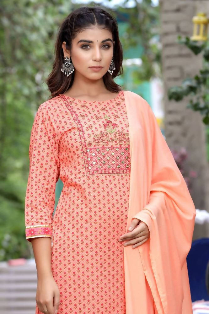 Yufta Women Peach Floral Mirror Work Pure Cotton Kurta with Trouser and Dupatta | Grab2Buy