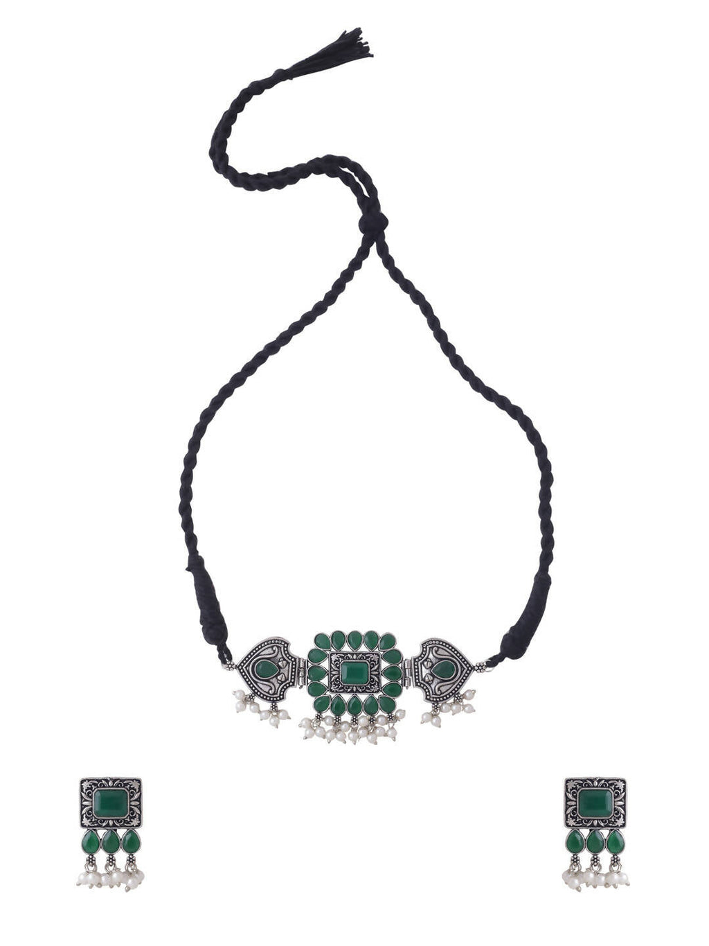 NVR Women's Oxidised Silver Plated Green Color Stone Jewellery Set With Earrings | Grab2Buy