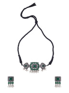 NVR Women's Oxidised Silver Plated Green Color Stone Jewellery Set With Earrings | Grab2Buy