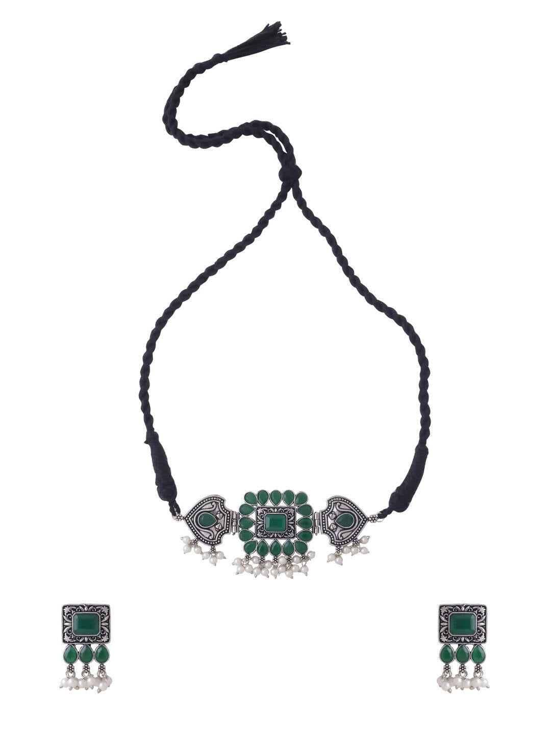 NVR Women's Oxidised Silver Plated Green Color Stone Jewellery Set With Earrings | Grab2Buy