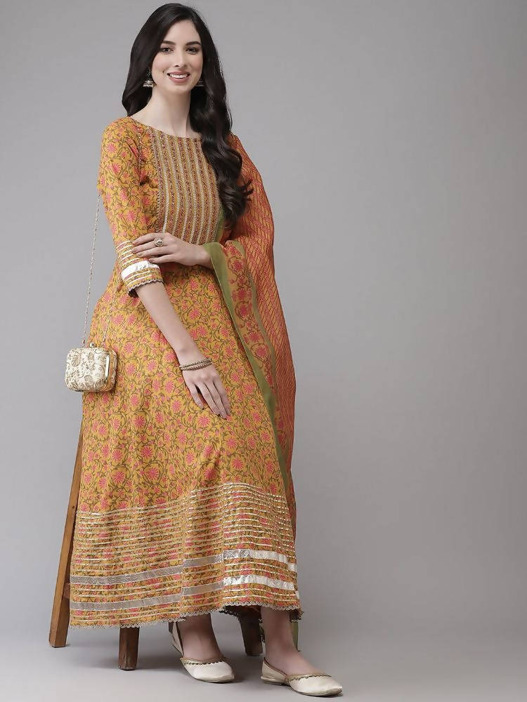 Yufta Yellow Printed kurta with Trouser Dupatta Set | Grab2Buy