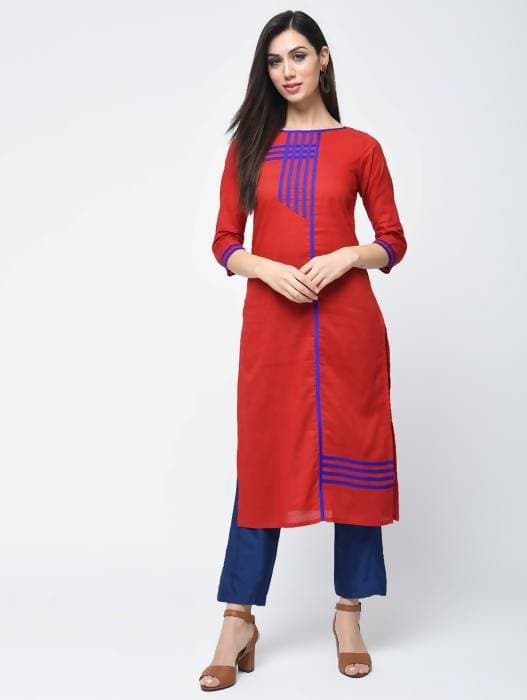 Aniyah Cotton Red Color Straight Kurta With Patchwork (AN-108K) | Grab2Buy