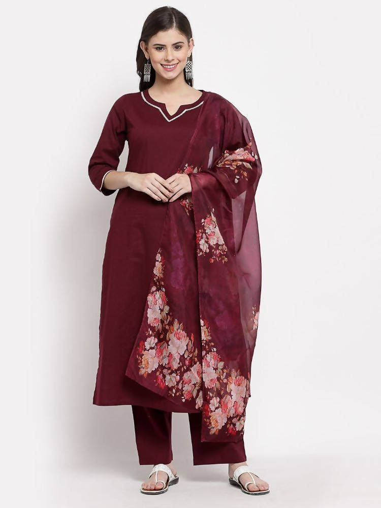 Myshka Women's Burgundy Cotton Solid 3/4 Sleeve Square Neck Casual Kurta Pant Dupatta Set | Grab2Buy