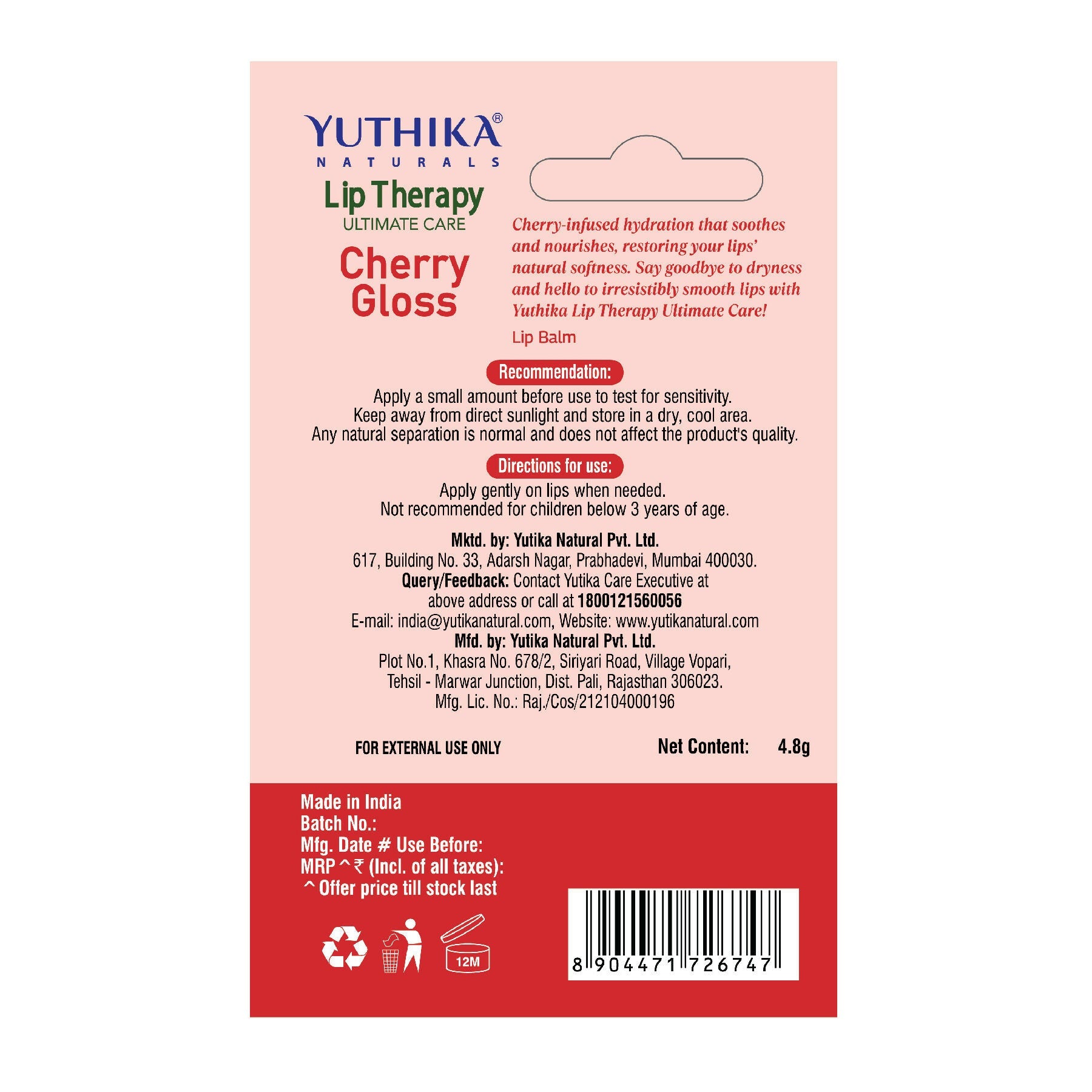 Yuthika Moisturizing Lip Balm – Cherry Gloss | Grab2Buy