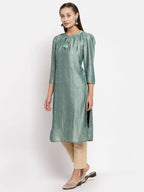 Myshka Women's Green Silk Solid Full Sleeve Round Neck Casual Kurta | Grab2Buy