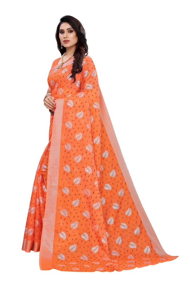 Vamika Orange Color Linen Zari Border Saree | Grab2Buy