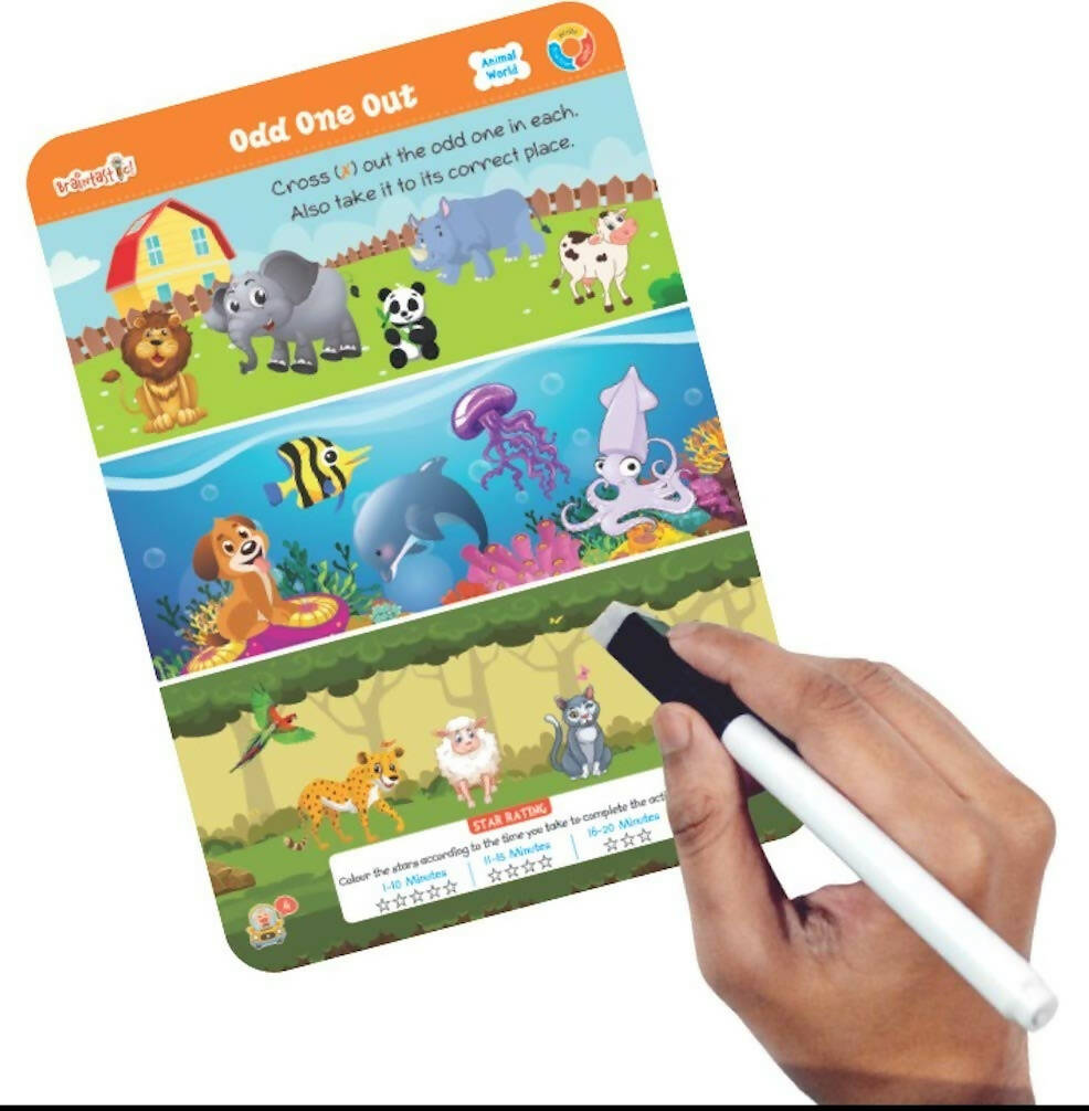 Braintastic Educational Game (3-6 yrs):Animal World / Kids Toys/Write & Wipe Activity Sheets/ Free 12 pc Puzzles | Grab2Buy
