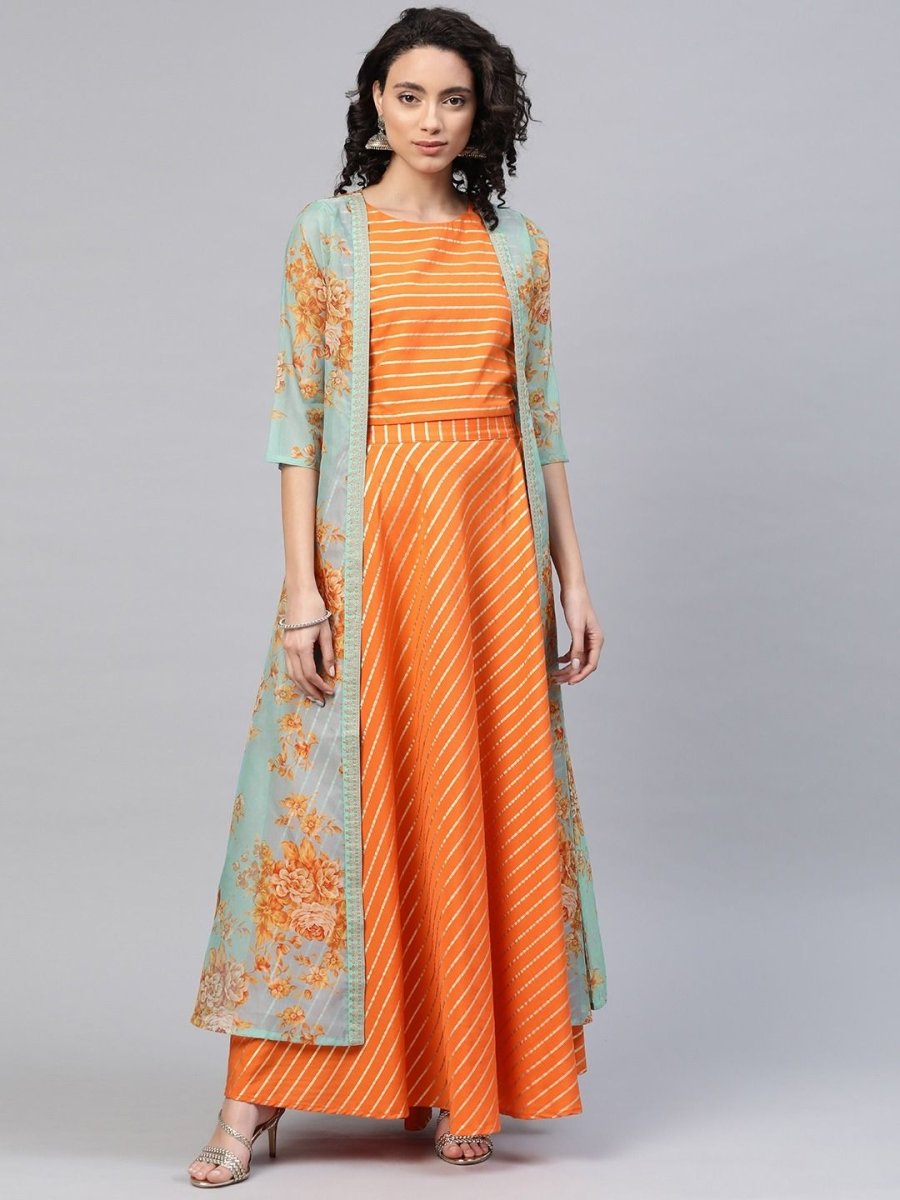 Ahalyaa Women's Orange Crepe Gold Print Top Skirt With Printed Jacket | Grab2Buy