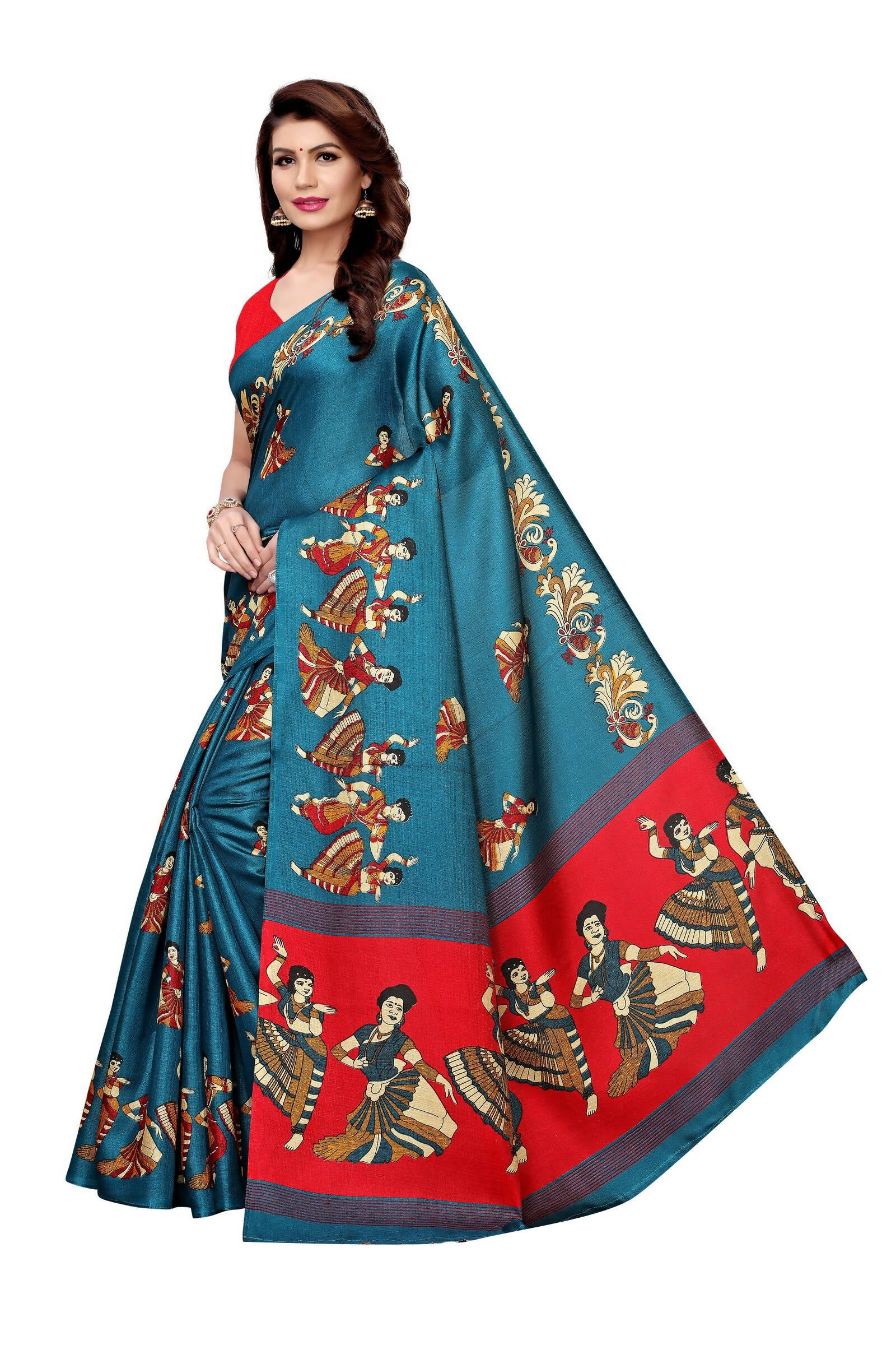 Vamika Rama Green & Red Kalamkari With Jhalar Khadi Silk Saree | Grab2Buy