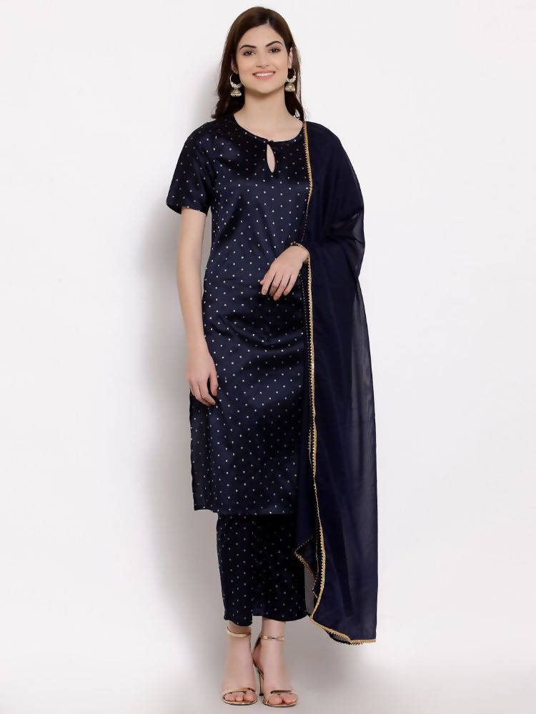 Myshka Women's Dark Blue Silk Blend Half Sleeve Round Neck Printed Casual Kurta Pant Dupatta Set | Grab2Buy
