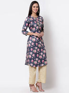 Myshka Silk Printed 3/4 Sleeve Round Neck Casual Blue Women's Kurta | Grab2Buy