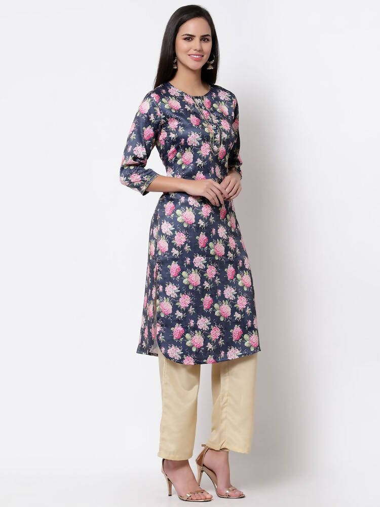 Myshka Silk Printed 3/4 Sleeve Round Neck Casual Blue Women's Kurta | Grab2Buy