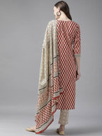 Yufta Women Rust Red and Beige Print Pure Cotton Kurta with Trouser and Dupatta | Grab2Buy