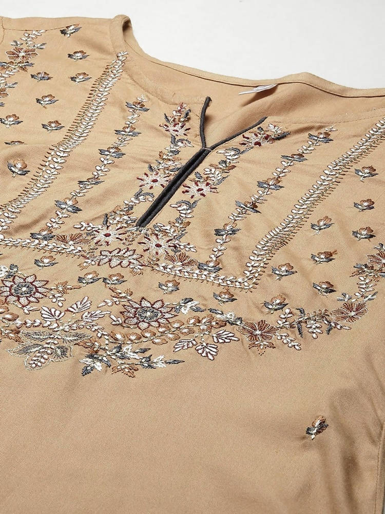 Yufta Women Beige & Charcoal Grey Ethnic Motifs Embroidered Kurta with Trouser & Dupatta | Grab2Buy