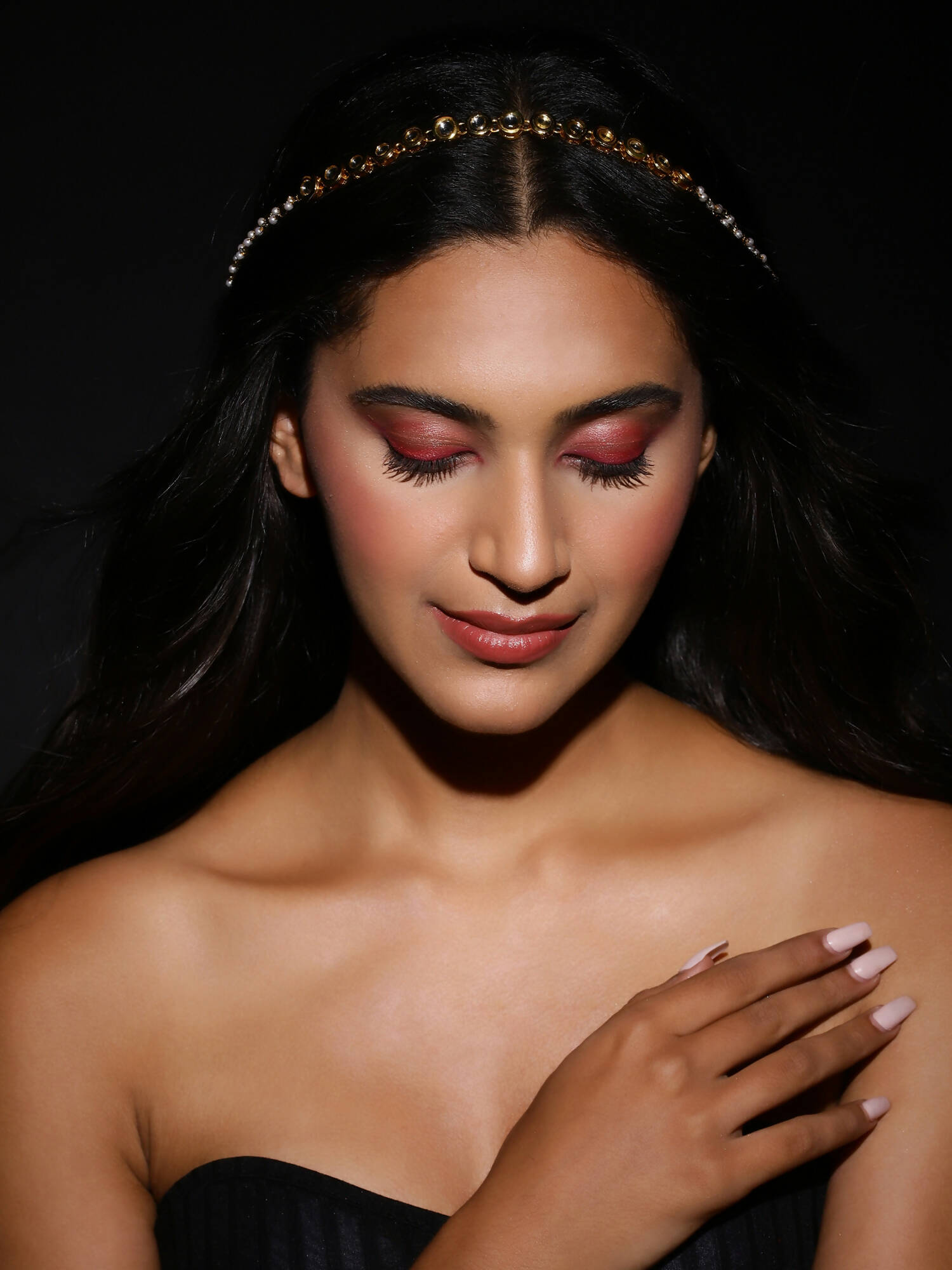 Gold-Polished White Kundan-Studded Pearl Beaded Matha Patti - Ruby Raang | Grab2Buy