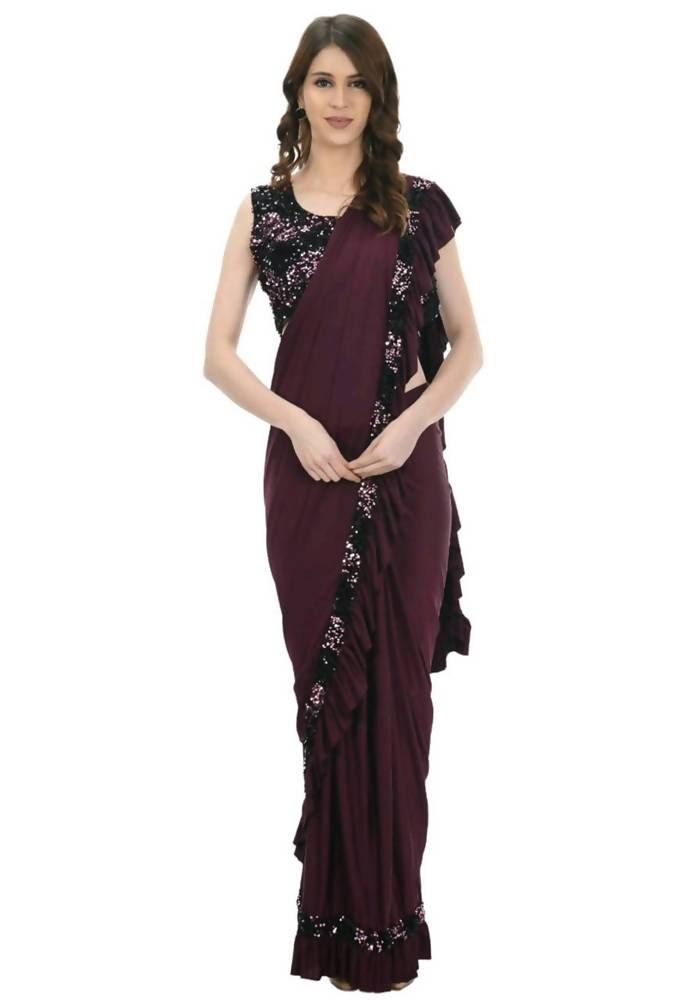 Mominos Fashion All Season Wear Wine And Black Colour Ruffled Ready To Wear Saree | Grab2Buy
