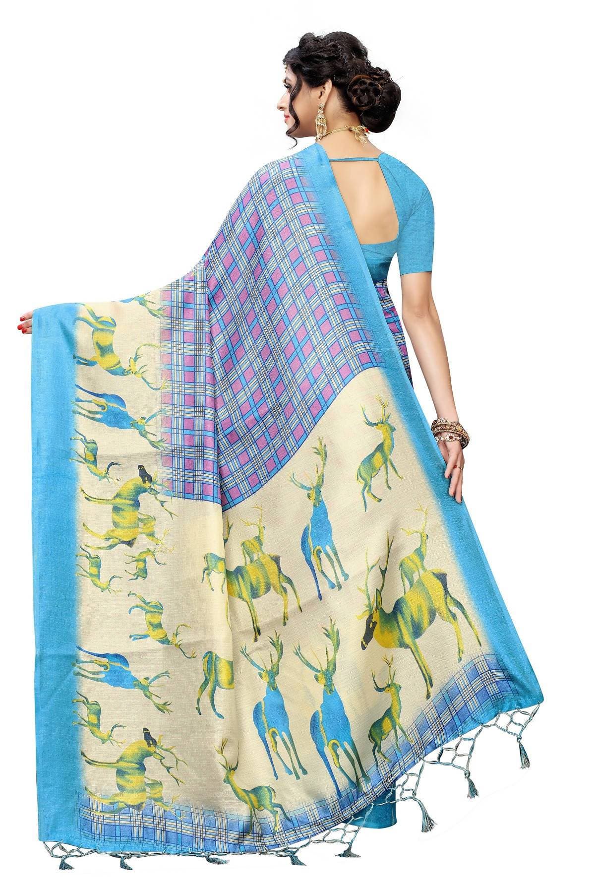 Vamika Multicolor & Sky Blue Kalamkari With Jhalar Khadi Silk Saree | Grab2Buy